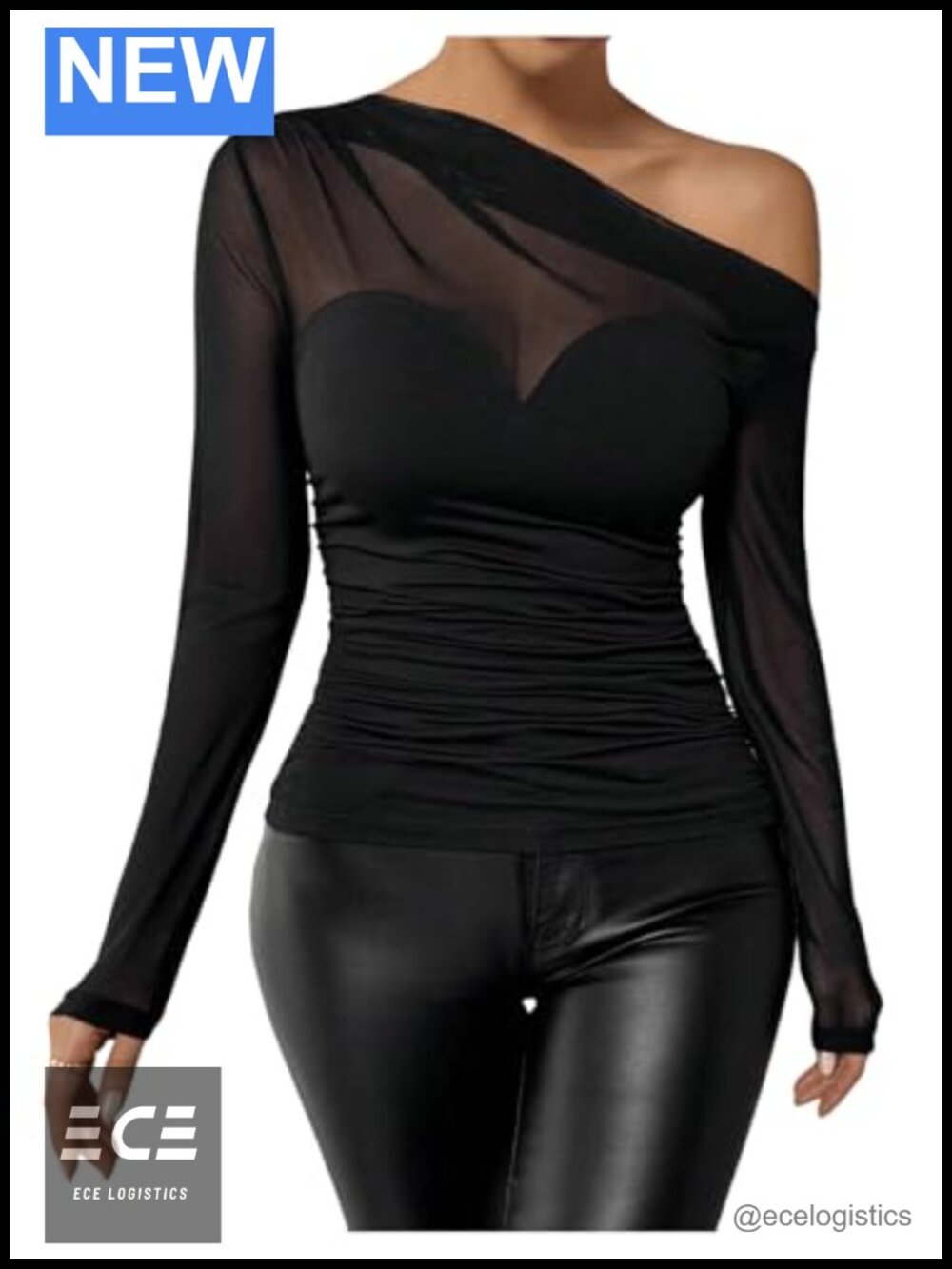 Off Shoulder Sheer Mesh Long Sleeve Asymmetrical Fitted Top